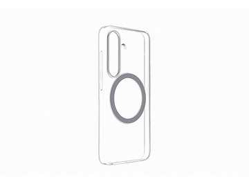 Une coque de téléphone transparente avec une fixation magnétique circulaire.