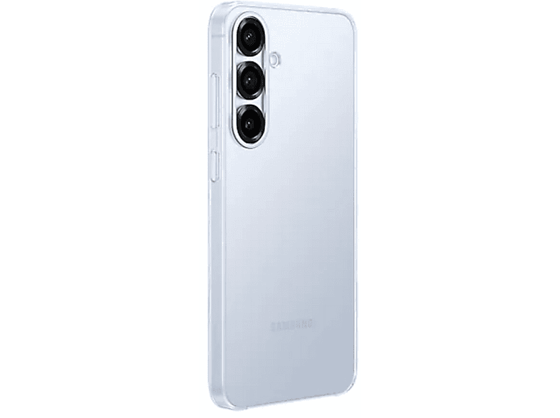 Téléphone bleu, vue arrière, coque transparente, trois caméras, fond blanc.