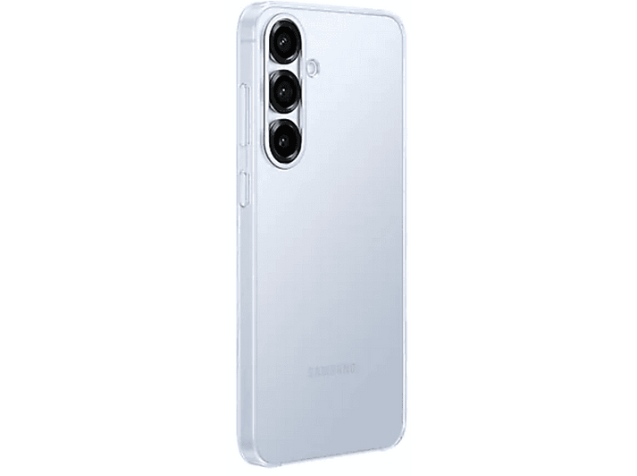 Téléphone bleu, vue arrière, coque transparente, trois caméras, fond blanc.