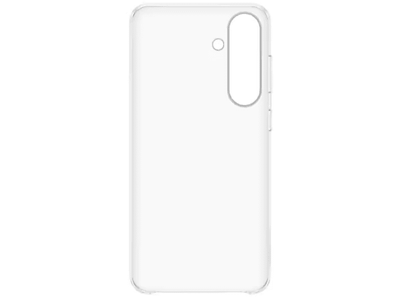 Une coque de téléphone transparente, avec un trou pour la caméra et des boutons latéraux, sur fond blanc.