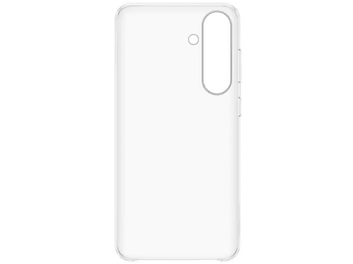 Une coque de téléphone transparente, avec un trou pour la caméra et des boutons latéraux, sur fond blanc.