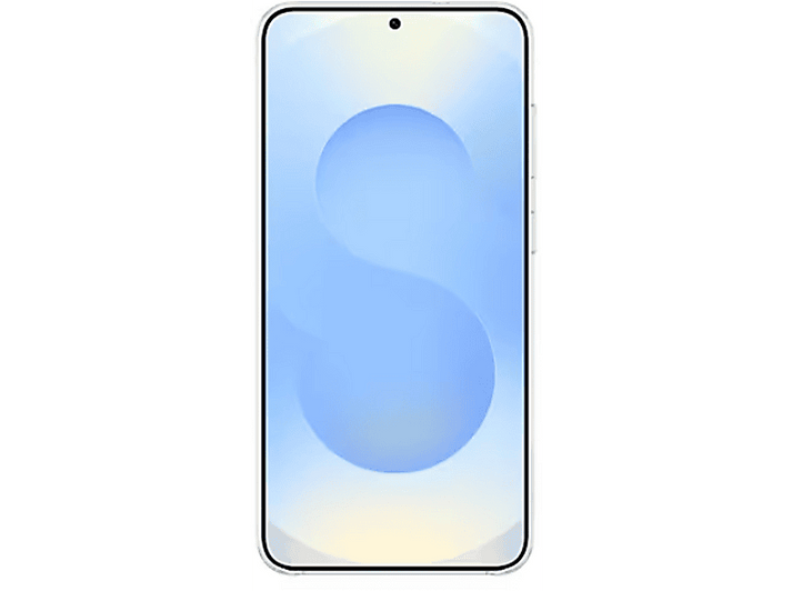 Un smartphone blanc avec un design en dégradé bleu clair et jaune en forme de 'S' sur l'écran, isolé sur fond blanc.