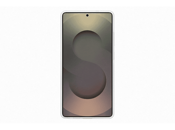 Écran de téléphone Samsung affichant un design en forme de lettre S sur fond neutre.