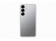 Coque de téléphone transparente sur fond blanc, avec trois lentilles d'appareil photo.