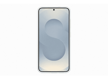 Smartphone avec design 'S' gris clair sur fond dégradé.