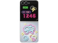 Téléphone noir avec icônes d'applications néon. Affiche un widget météo et un logo 'Flip' avec smiley et cœur.