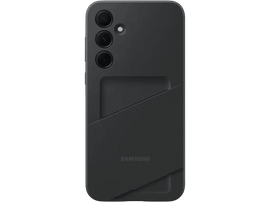 Coque de téléphone Samsung noire avec fente pour carte. Le logo Samsung est visible en bas.