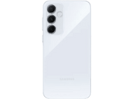 Dos d'un smartphone blanc avec triple caméra et logo Samsung sur fond noir.