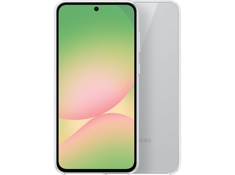 Un smartphone argenté avec un écran coloré montrant des dégradés roses et jaunes, soutenu par une version blanche.