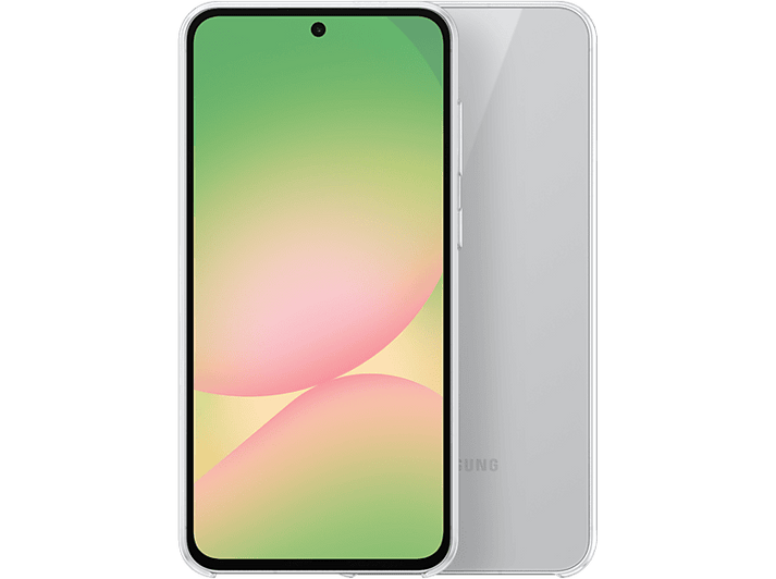 Un smartphone argenté avec un écran coloré montrant des dégradés roses et jaunes, soutenu par une version blanche.