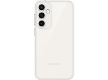 Charger l'image dans la galerie, Téléphone Samsung blanc avec trois lentilles de caméra à l'arrière, dans une coque transparente, sur fond noir.
