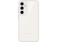 Téléphone Samsung blanc avec trois lentilles de caméra à l'arrière, dans une coque transparente, sur fond noir.