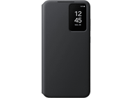 Un étui de téléphone noir avec un écran affichant l'heure, sur un fond noir.