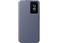 Coque de téléphone bleue avec écran affichant l'heure et la date sur fond noir.