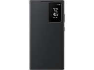 Étui de téléphone noir avec écran affichant l'heure et la date. Couvercle noir fermé.