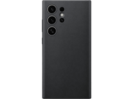 Dos d'un téléphone gris foncé avec trois caméras et un logo, sur fond noir.