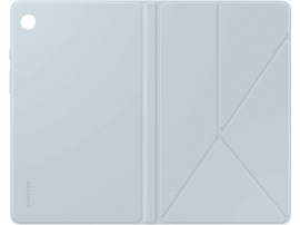 Étui de tablette bleu clair, plié en support, sur fond noir.