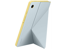 Charger l&#39;image dans la galerie, Une tablette bleu clair dans un étui jaune, soutenue par un support.
