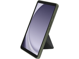 Tablette dans un étui avec un support, fond noir.