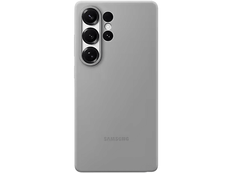 Une coque de téléphone grise avec des lentilles de caméra en haut à gauche. Logo Samsung.
