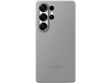 Une coque de téléphone grise avec des lentilles de caméra en haut à gauche. Logo Samsung.