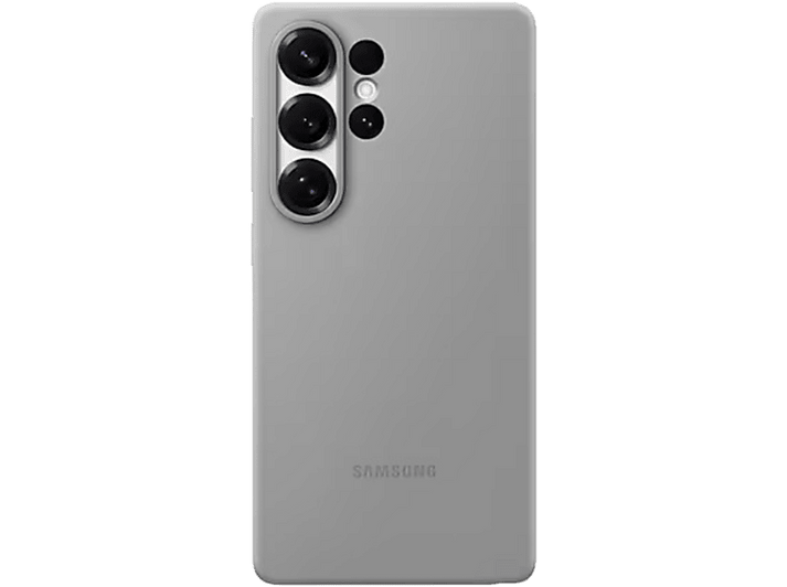 Une coque de téléphone grise avec des lentilles de caméra en haut à gauche. Logo Samsung.