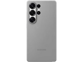 Une coque de téléphone grise avec des lentilles de caméra en haut à gauche. Logo Samsung.