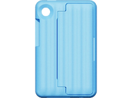 Coque de téléphone bleu clair avec trou pour caméra et support. Le support est au milieu.