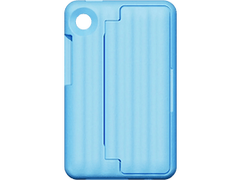 Coque de téléphone bleu clair avec trou pour caméra et support. Le support est au milieu.