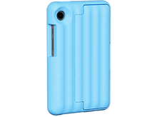 Charger l&#39;image dans la galerie, Appareil photo bleu clair avec objectif noir et porte latérale ouverte. Forme rectangulaire arrondie.
