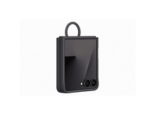 Charger l&#39;image dans la galerie, Un téléphone pliable noir avec un écran sombre. Il a une boucle en haut et deux lentilles de caméra, sur fond blanc.
