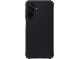 Une coque de téléphone noire avec un dos texturé et trois objectifs.