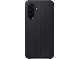 Une coque de téléphone noire avec des lignes verticales texturées, sur fond noir.