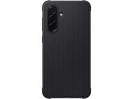 Une coque de téléphone noire avec des lignes verticales texturées, sur fond noir.