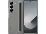 Téléphone pliable Samsung gris, ouvert pour montrer l'écran avec un stylo. Trois caméras au dos.