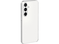 Une coque de smartphone blanche avec un dos transparent et trois objectifs d'appareil photo. C'est sur un fond noir.