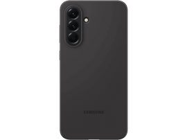 Un téléphone gris foncé sur fond noir. Il possède trois caméras arrière et le logo Samsung.
