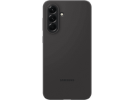 Un téléphone gris foncé sur fond noir. Il possède trois caméras arrière et le logo Samsung.