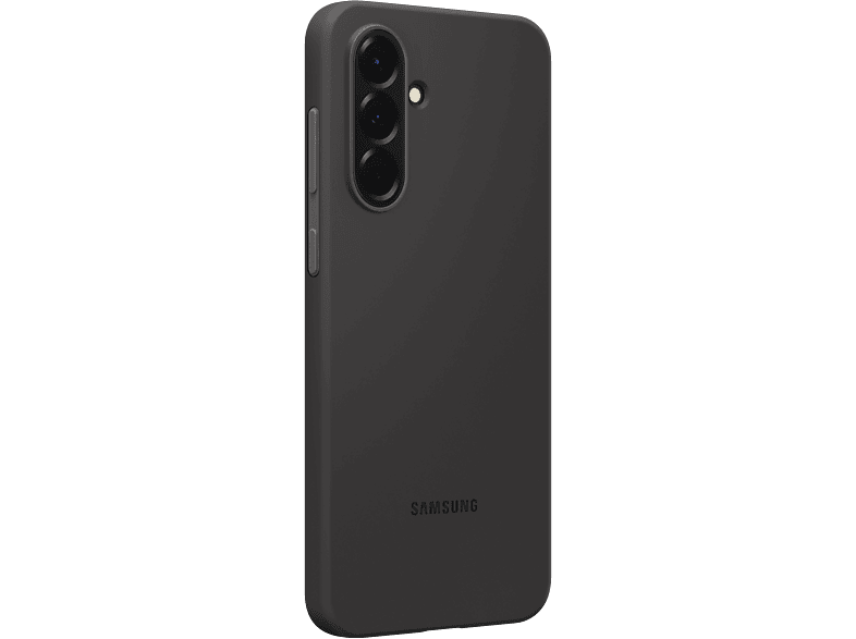 Un téléphone Samsung noir avec trois caméras et le logo Samsung sur fond noir.