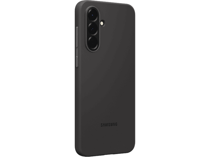 Un téléphone Samsung noir avec trois caméras et le logo Samsung sur fond noir.
