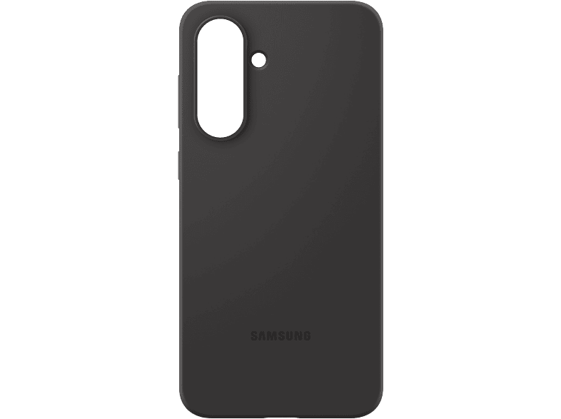Une coque de téléphone gris foncé sur fond noir, avec le nom de la marque visible.