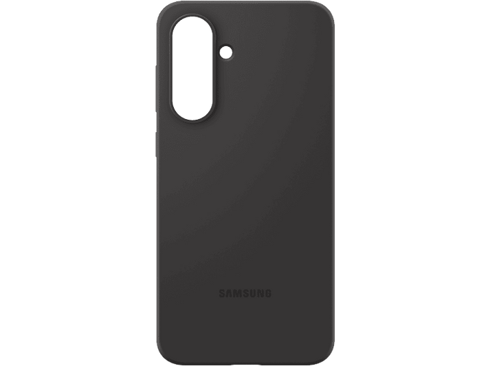 Une coque de téléphone gris foncé sur fond noir, avec le nom de la marque visible.