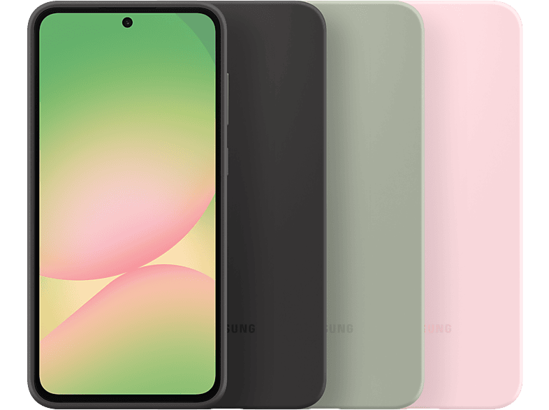 Quatre téléphones en rangée : noir, gris foncé, vert et rose. Écrans.