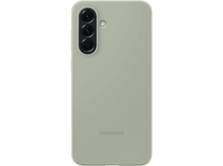 Un étui de téléphone vert clair avec trois objectifs d'appareil photo sur fond noir.