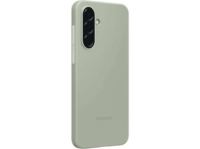 Coque de smartphone vert olive avec protubérance de caméra et logo Samsung. Fond noir.