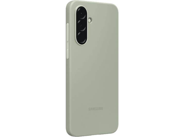 Coque de smartphone vert olive avec protubérance de caméra et logo Samsung. Fond noir.