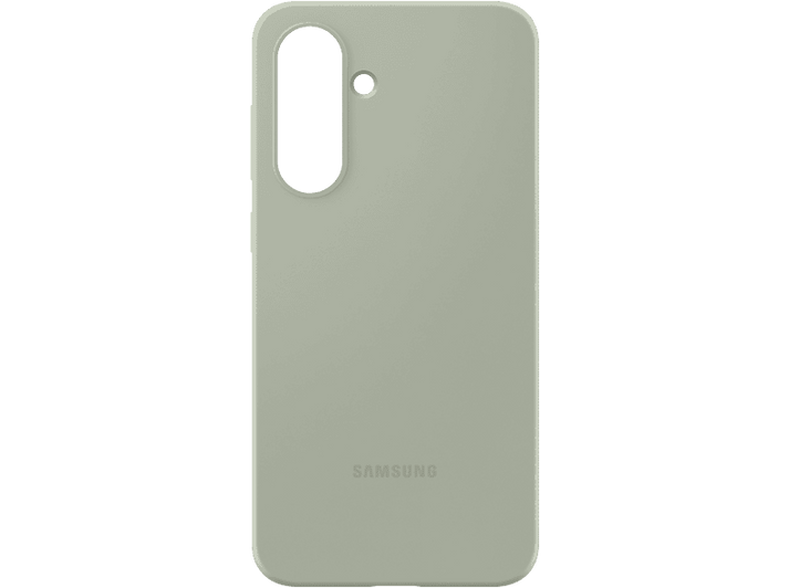 Une coque de téléphone vert clair sur fond noir. Le logo Samsung est en bas.