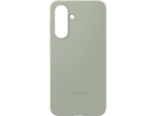 Charger l&#39;image dans la galerie, Une coque de téléphone vert clair sur fond noir. Le logo Samsung est en bas.
