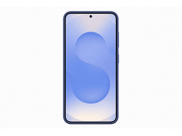 Un smartphone bleu de face. L'écran affiche un motif bleu.