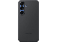 Coque de téléphone gris foncé avec trois lentilles de caméra et logo Samsung. Fond noir.